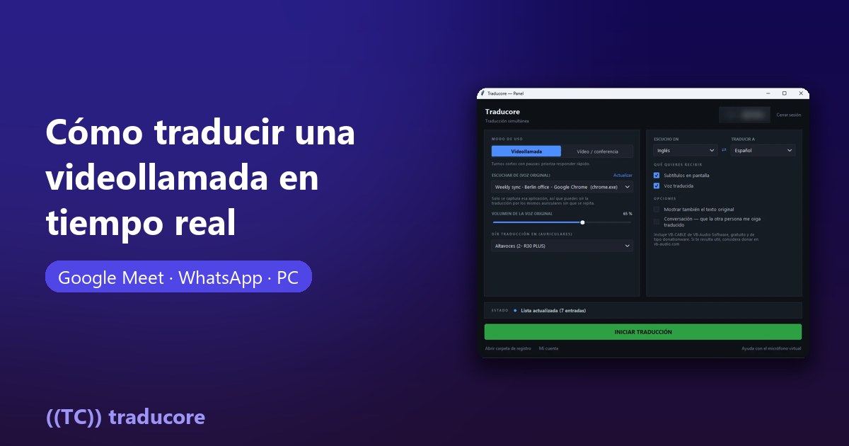 Cómo traducir una videollamada en tiempo real: el panel de un traductor de voz junto a una llamada