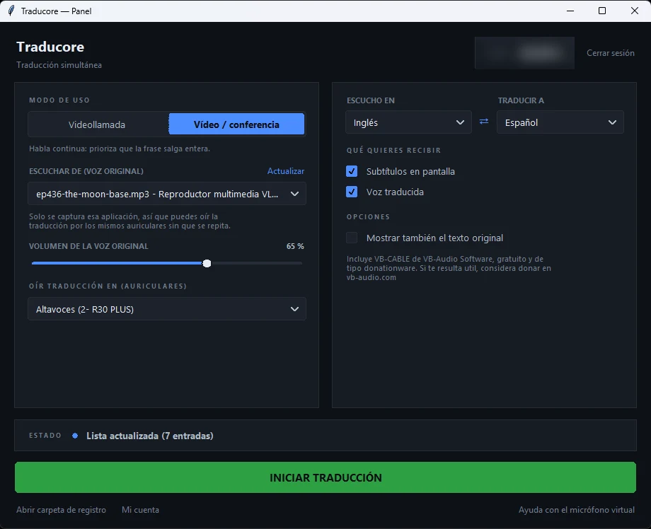 Panel de Traducore escuchando un reproductor de audio para traducirlo en directo