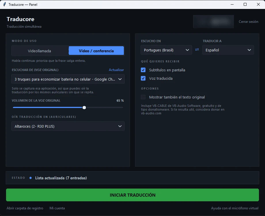Panel de Traducore con Portugués (Brasil) como idioma de origen y Español como destino, en modo Vídeo / conferencia