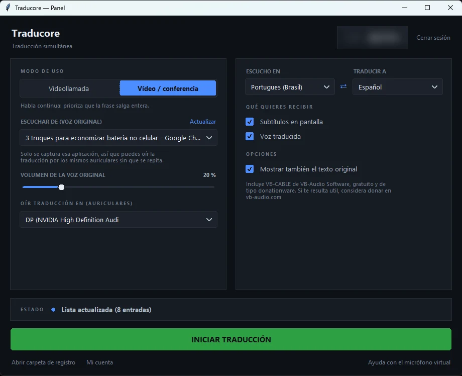 Panel de un traductor de voz para Windows con el idioma de origen, el idioma de destino y la opción de mostrar el texto original