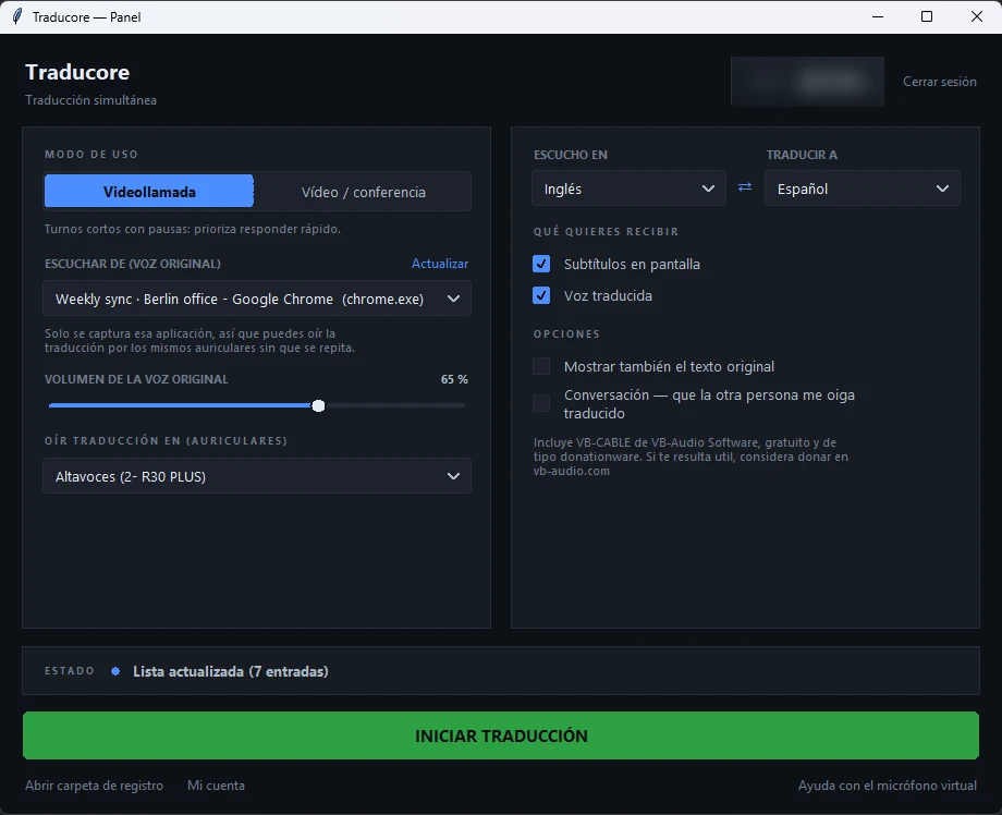 Panel de un traductor de voz para Windows con el modo Videollamada activado