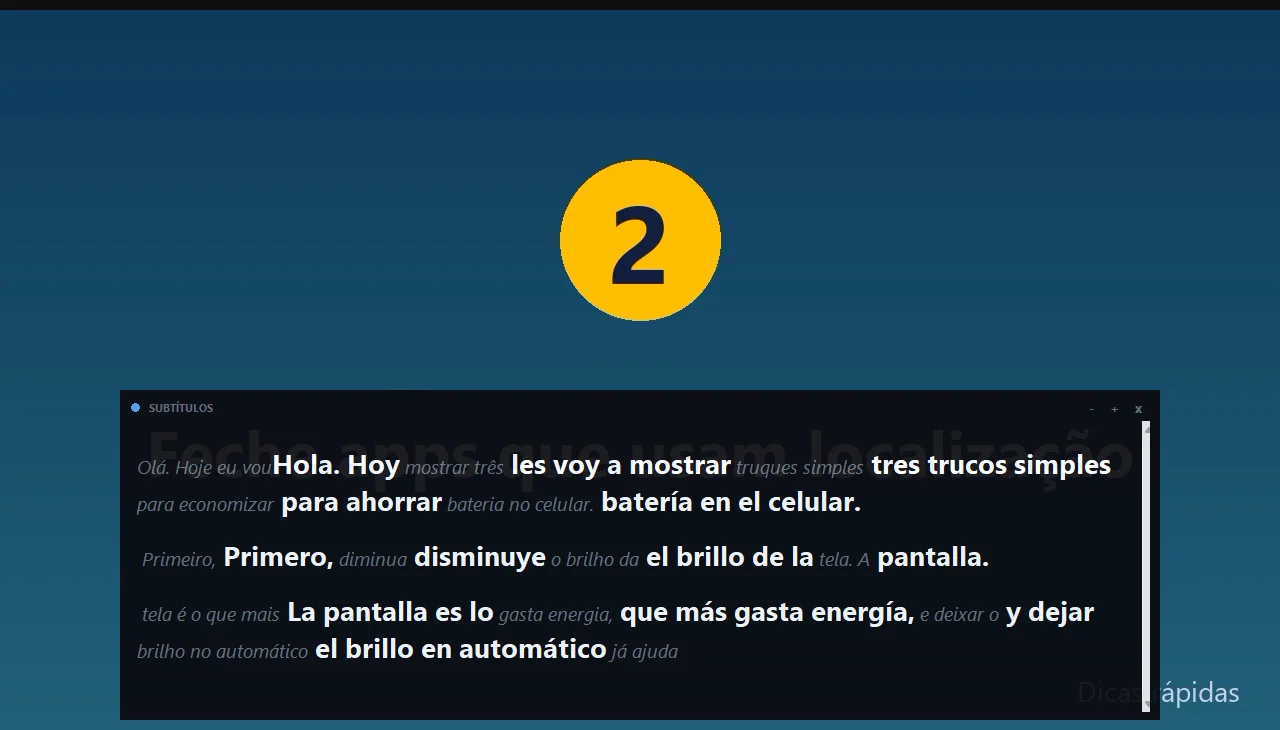 Subtítulos bilingües sobre un vídeo en el ordenador: el texto original en gris y la traducción al español en negrita
