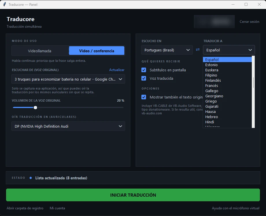 Lista desplegable de idiomas en el panel de un traductor de voz para Windows, donde se elige el idioma de origen y el de destino