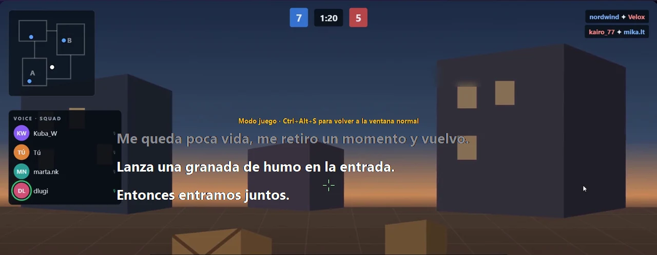Subtítulos de Traducore en modo juego: el texto sin fondo, encima de la partida, con el aviso de Ctrl+Alt+S